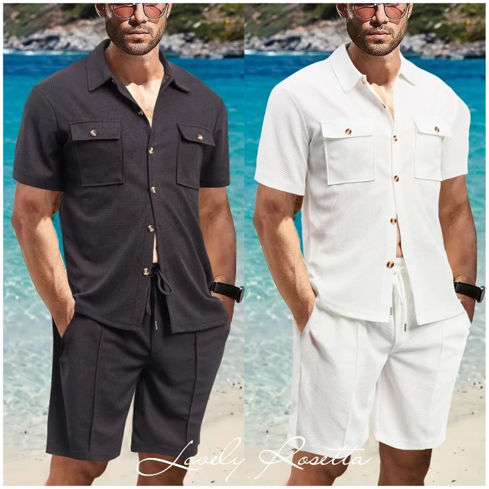 Men's Black Button Down Shirt and Shorts Set